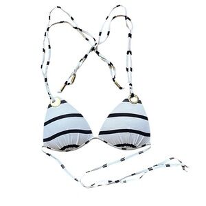 goodness gracious >.< | Y2K L black and white striped sailor print bikini top